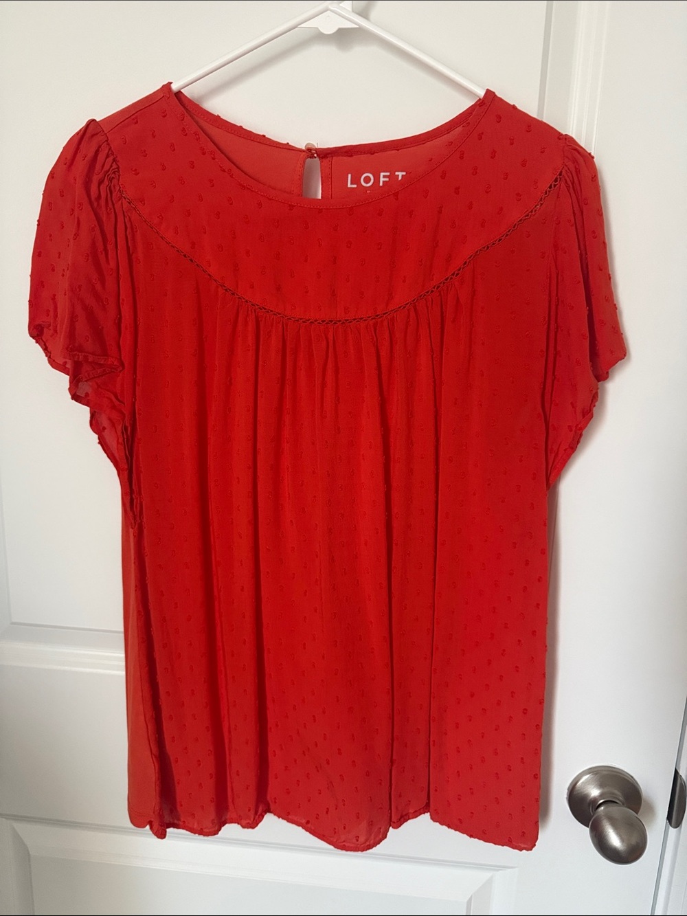 LOFT Orange Swiss Dot Flutter Sleeve Top